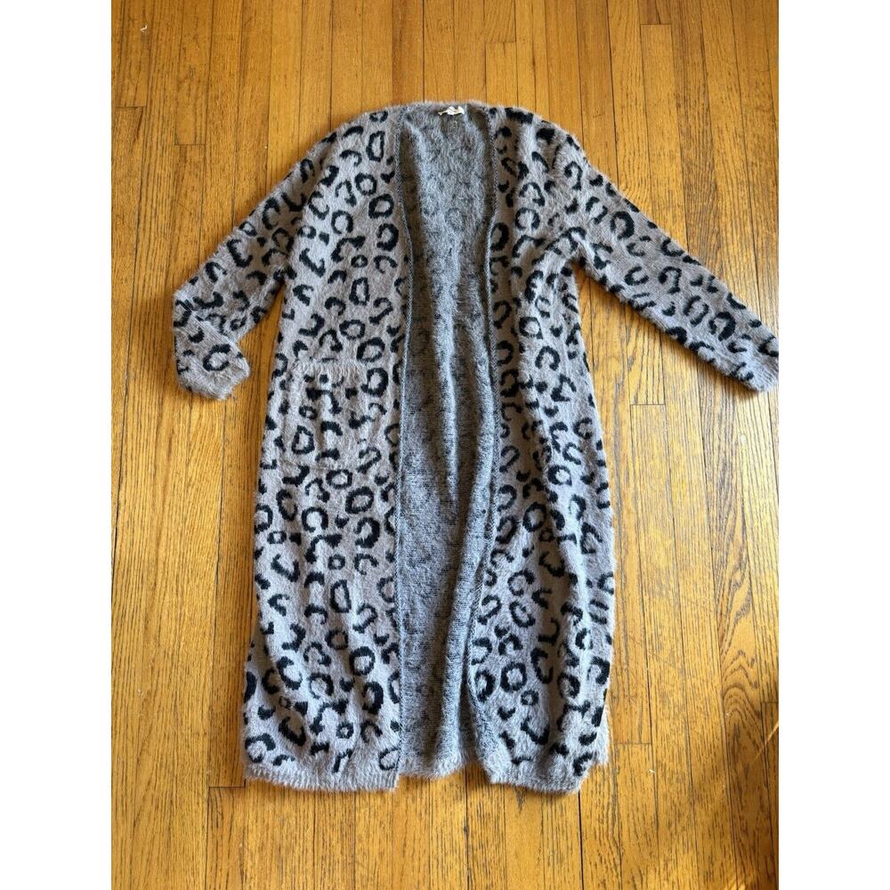 EUC Entro Women's Duster Cardigan Size Large Gray Knit Animal Print Open Front